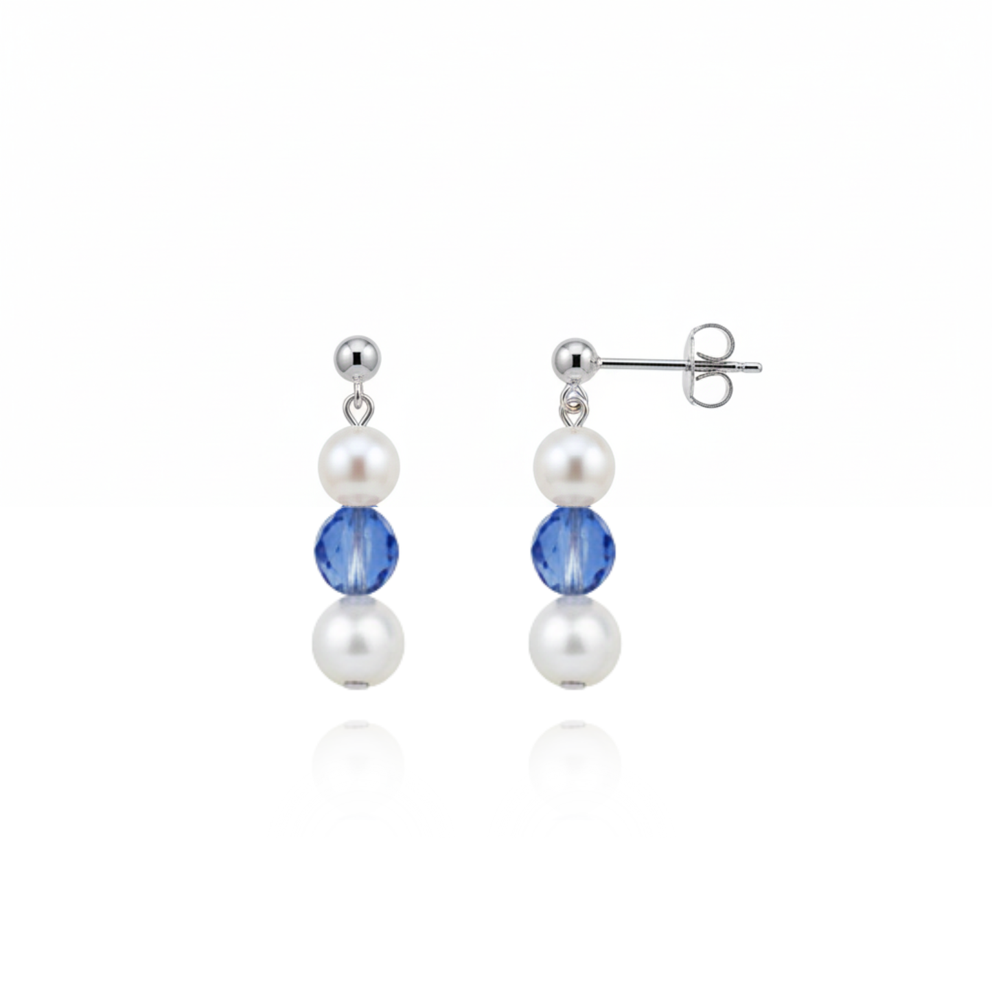Sapphire and pearl September birthstone earrings in sterling silver, elegant blue gemstone jewellery gift.