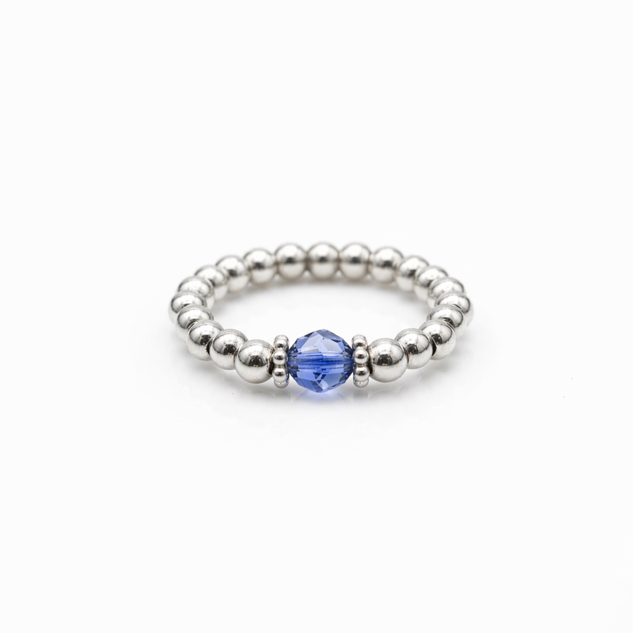 Handmade sapphire crystal bead ring with sterling silver beads, September birthstone ring by Made Here with Love