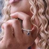 Sapphire charm ring in sterling silver, stretchy birthstone ring for September UK