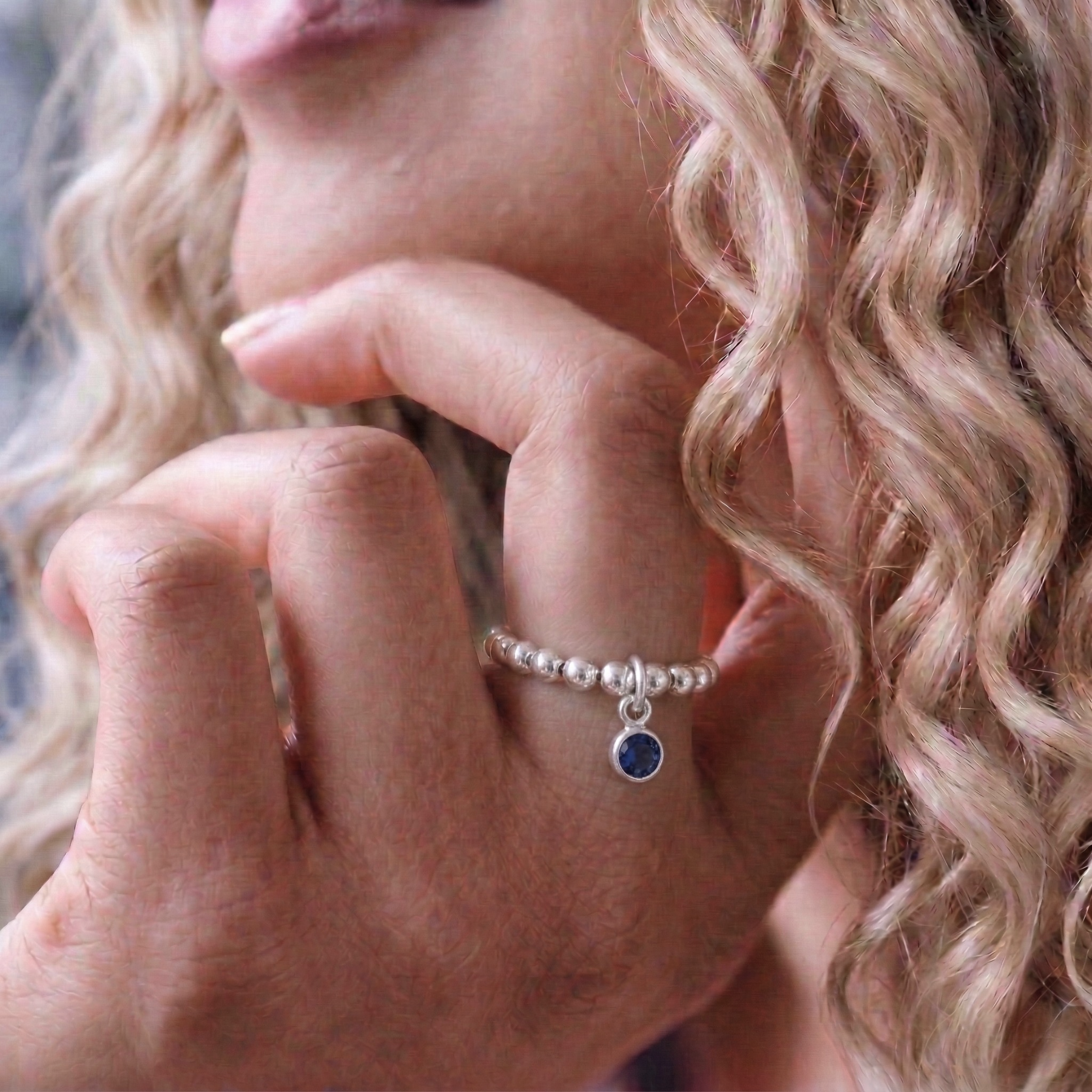 Sapphire charm ring in sterling silver, stretchy birthstone ring for September UK