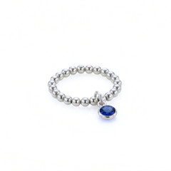 September birthstone ring with sapphire charm in sterling silver, handmade stretch ring UK