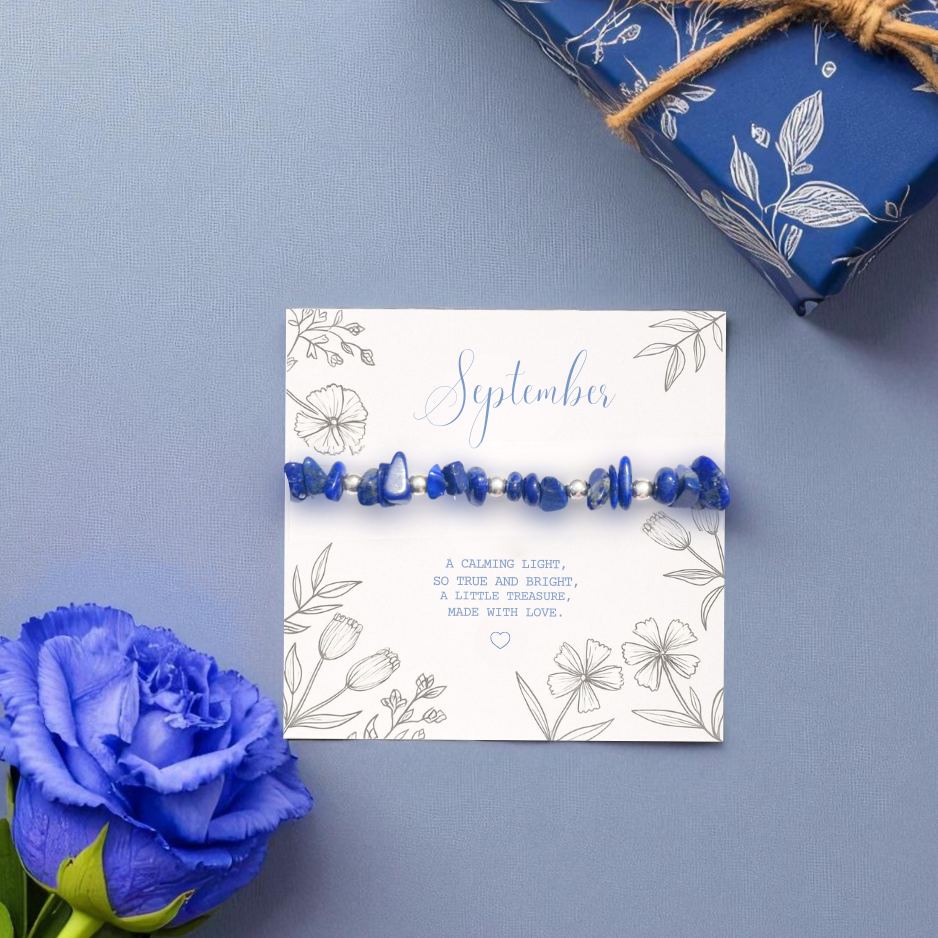 a stretchy gemstone bracelet in dark blue lapis lazuli, makes the perfect gift for her, september birthstone jewellery gift on a gift card