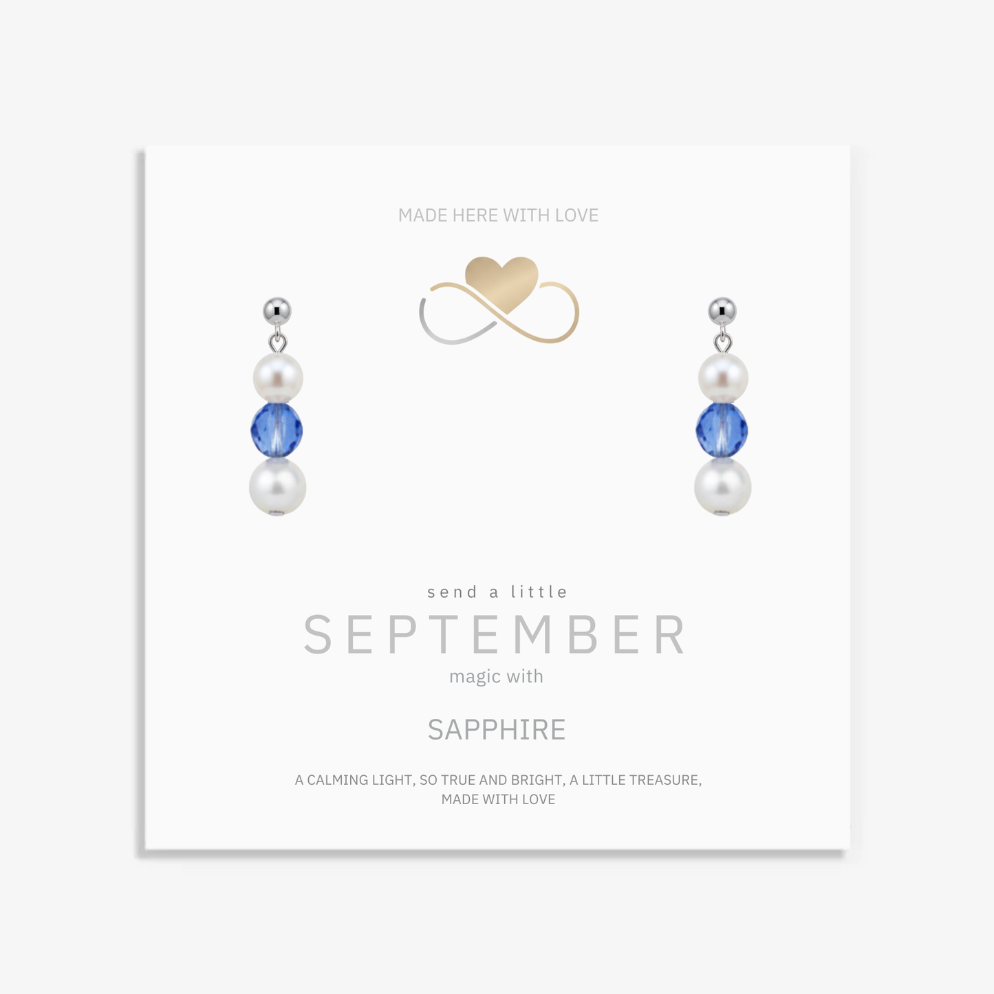 September birthstone earrings with pearls and sapphire gemstones in sterling silver, elegant meaningful birthday jewellery gift.