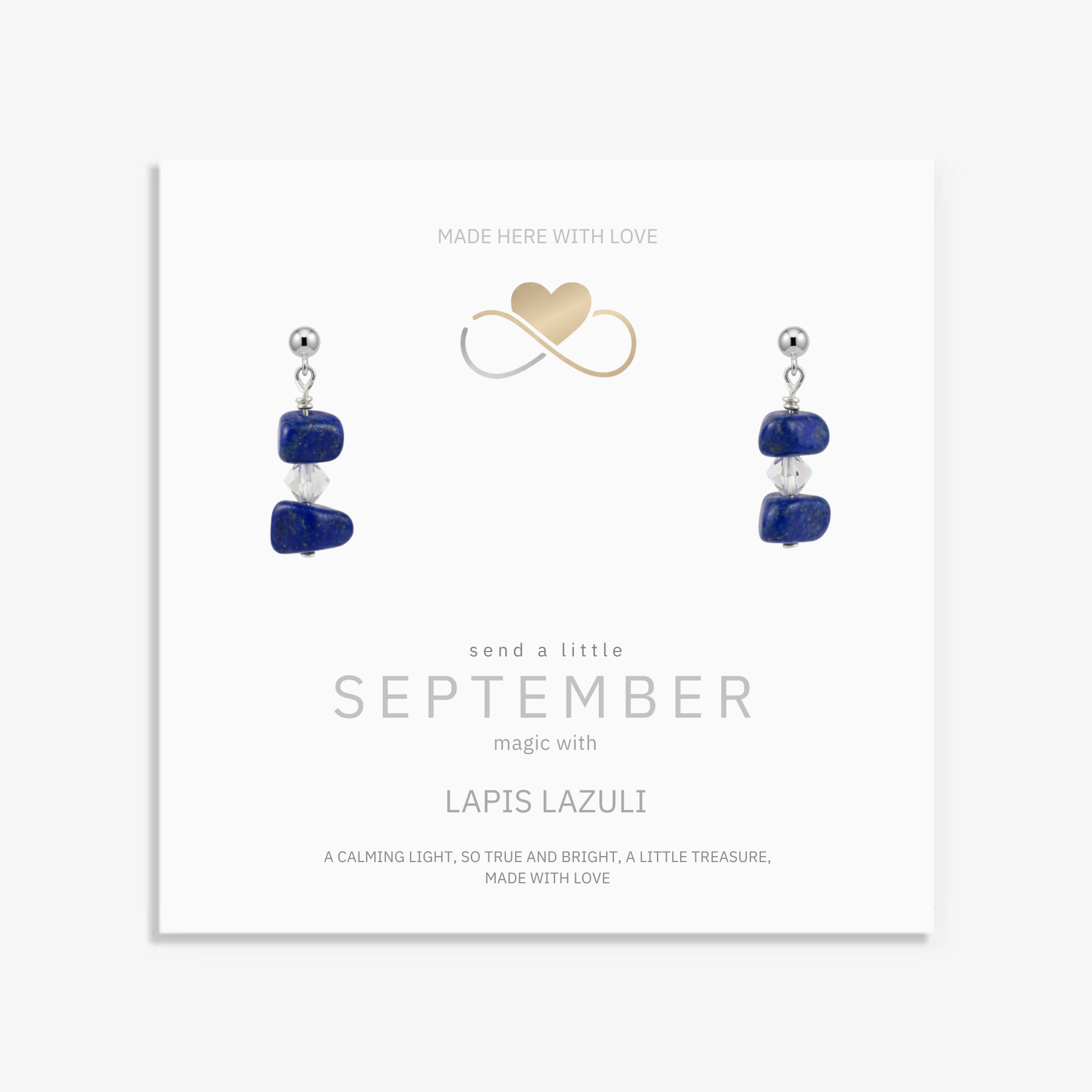 September birthstone jewellery gift card with lapis lazuli bracelet and earrings, meaningful birthday gemstone gift presentation.