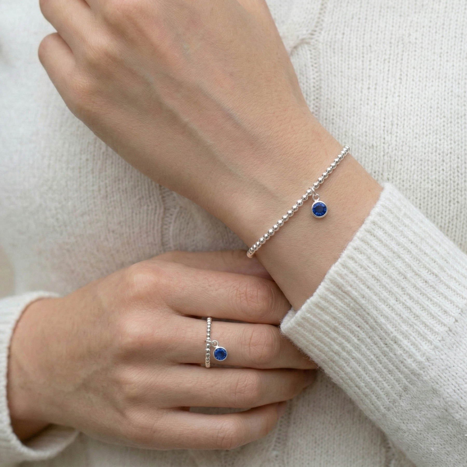 September sapphire bead bracelet with charm, stretch bracelet UK