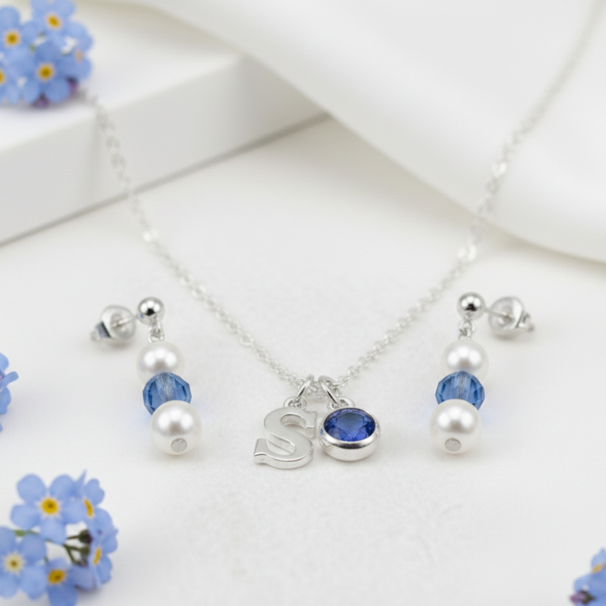 September Birthstone Jewellery Set Pearl & Sapphire Earrings + Personalised Necklace