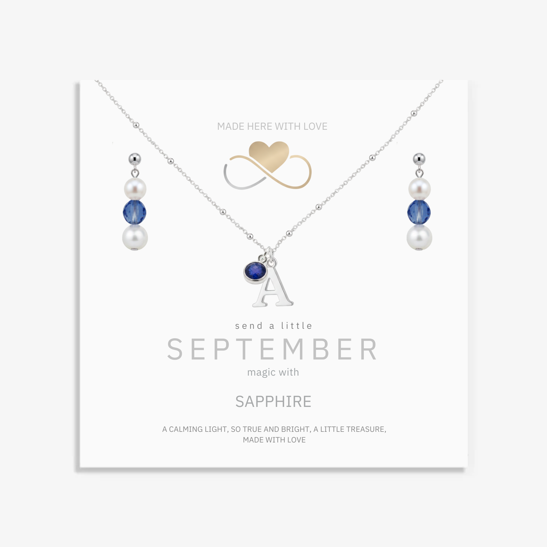 September sapphire jewellery set in sterling silver, personalised birthstone gift set for her.