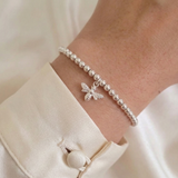 Sterling silver bead bracelet with bee charm, handmade stretch bracelet UK