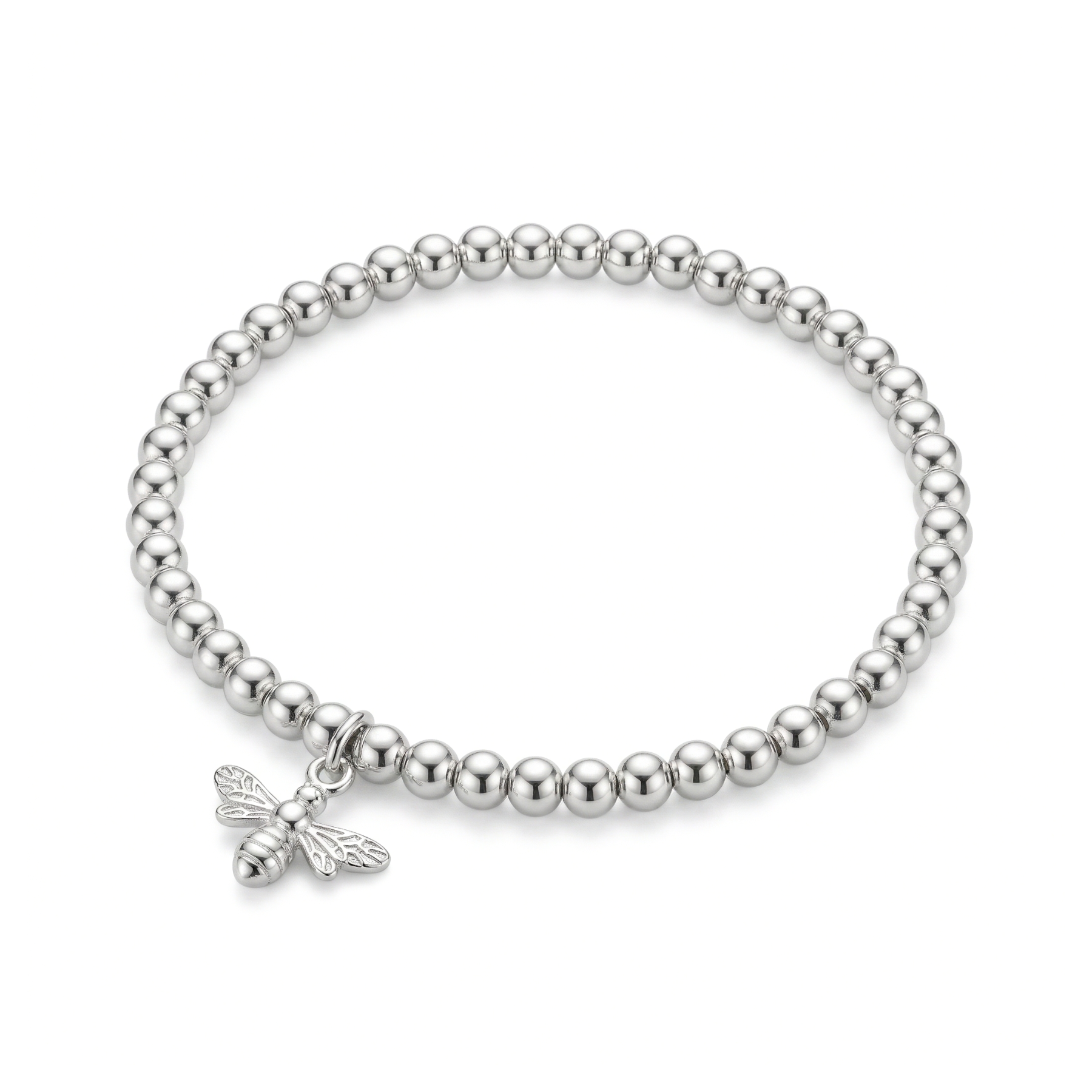 Sterling silver bee charm bracelet with stretch bead design, nature jewellery UK