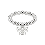 Silver butterfly charm ring with stretchy bead band, stacking ring jewellery UK
