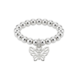 Silver butterfly charm ring with stretchy bead band, stacking ring jewellery UK
