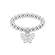 Silver butterfly charm ring with stretchy bead band, stacking ring jewellery UK