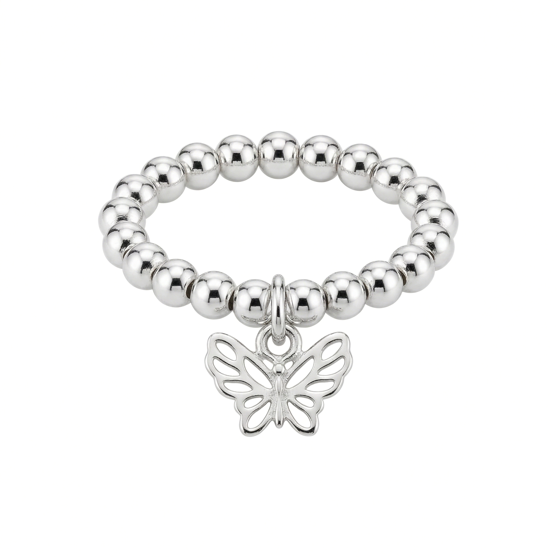 Silver butterfly charm ring with stretchy bead band, stacking ring jewellery UK