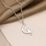 Silver cat moon charm necklace with delicate chain, handmade cat jewellery UK