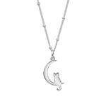 Sterling silver cat in moon necklace on chain, animal lover jewellery UK