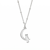 Sterling silver cat in moon necklace on chain, animal lover jewellery UK
