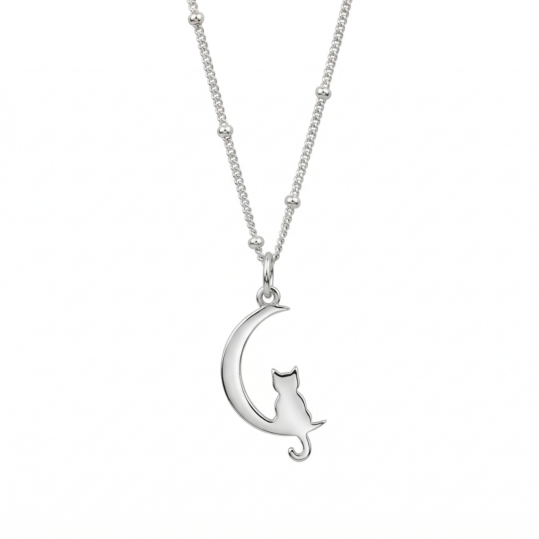 Sterling silver cat in moon necklace on chain, animal lover jewellery UK