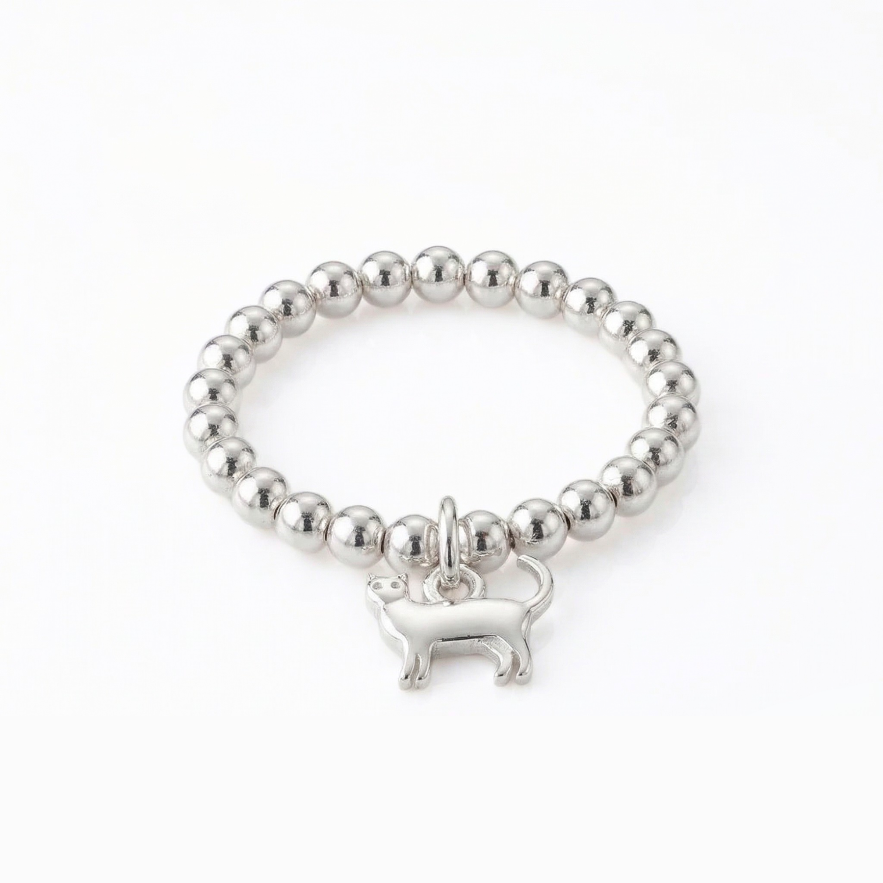 Sterling silver cat charm ring with bead design, animal jewellery UK