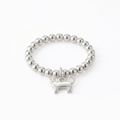 Sterling silver cat charm ring with bead design, animal jewellery UK