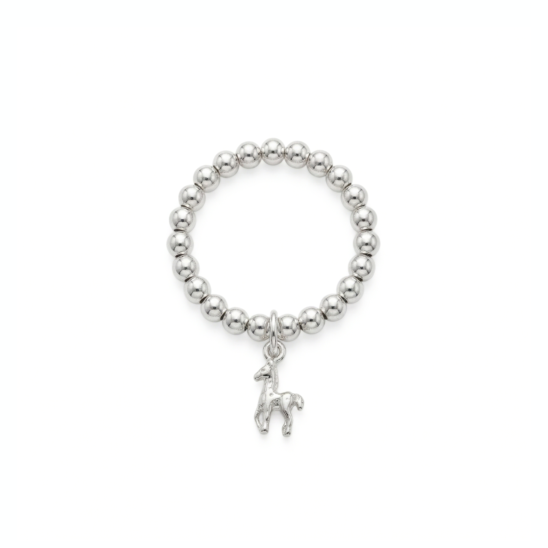 Sterling silver horse charm ring with stretchy bead design, equestrian jewellery UK