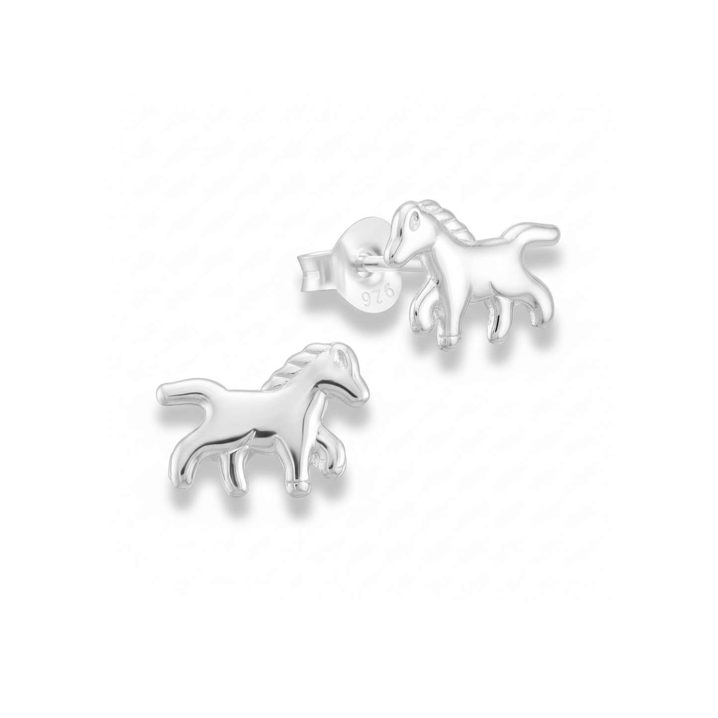 Sterling silver horse stud earrings with detailed equestrian design, meaningful gift for horse lovers and riders.
