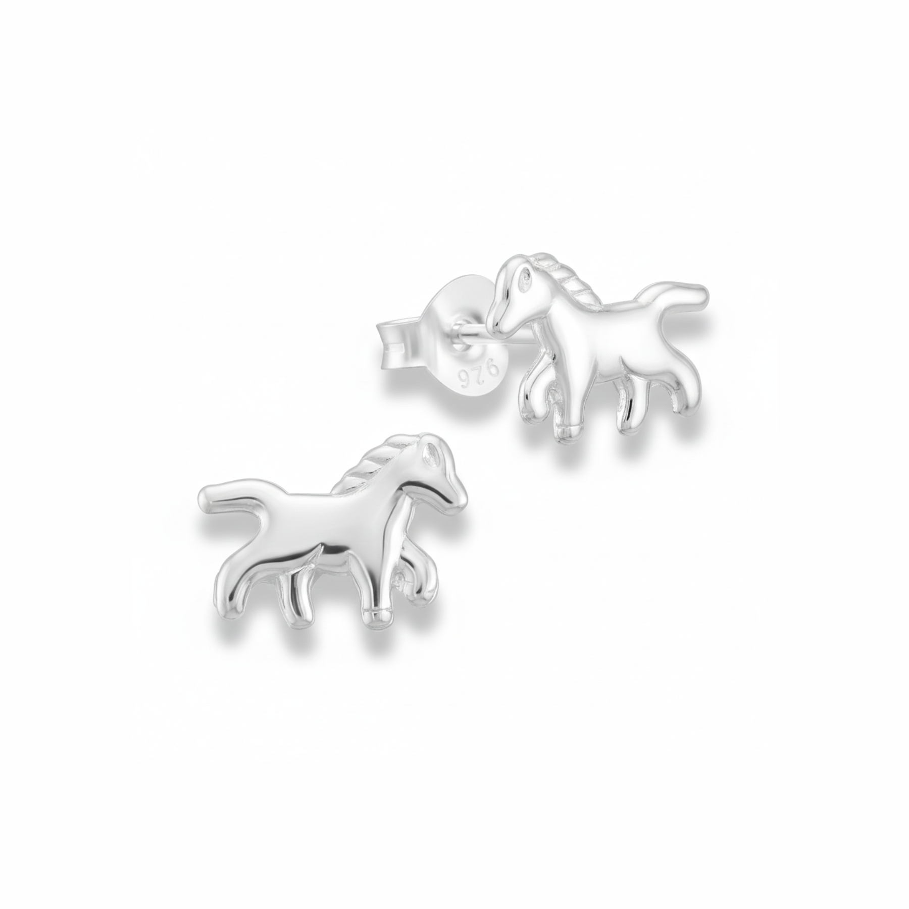 Sterling silver horse stud earrings with detailed equestrian design, meaningful gift for horse lovers and riders.