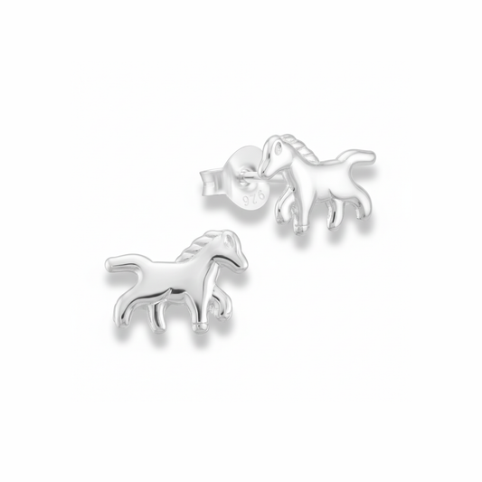 Sterling silver horse stud earrings with detailed equestrian design, meaningful gift for horse lovers and riders.