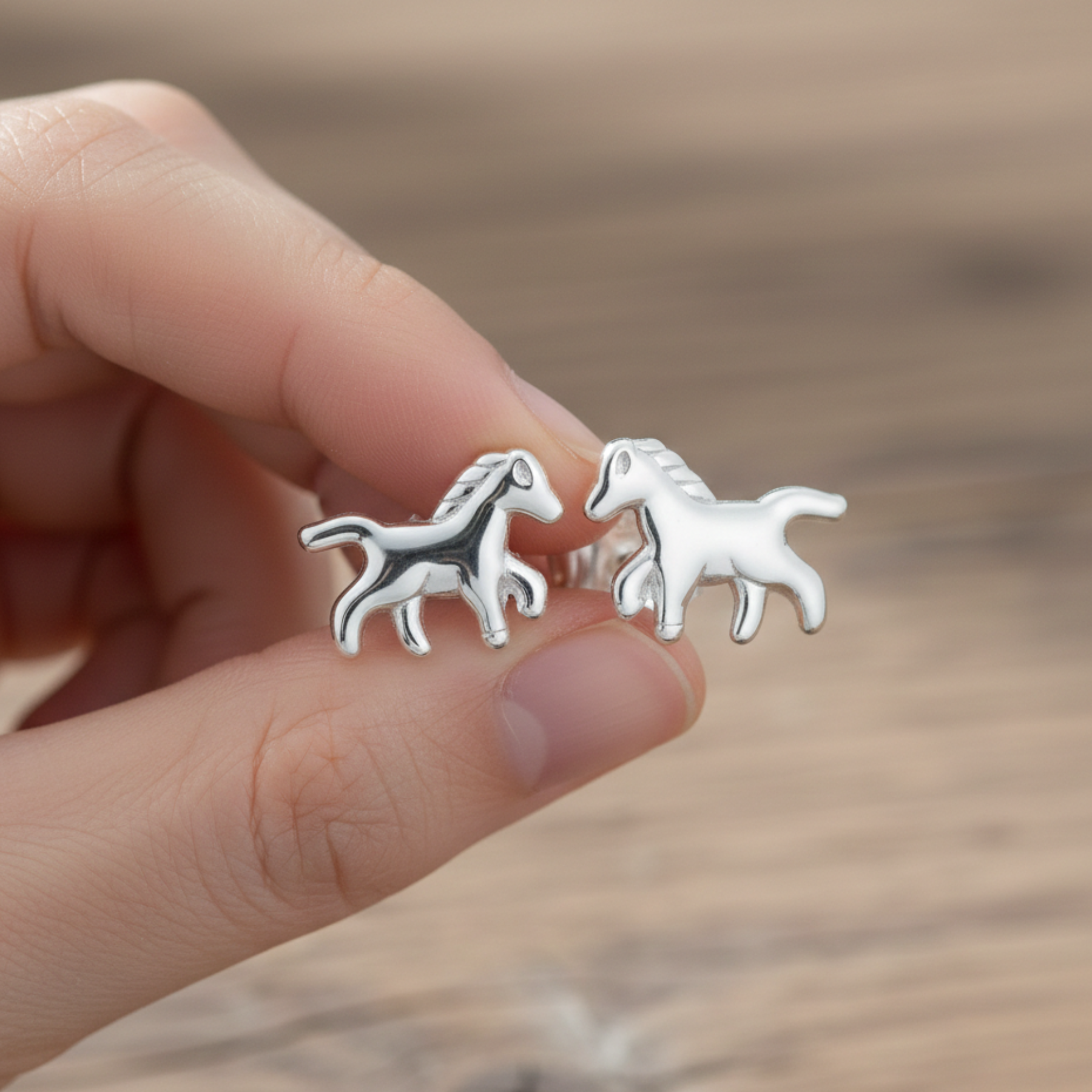 Tiny sterling silver horse stud earrings, delicate equestrian studs suitable for school wear or everyday jewellery for girls.