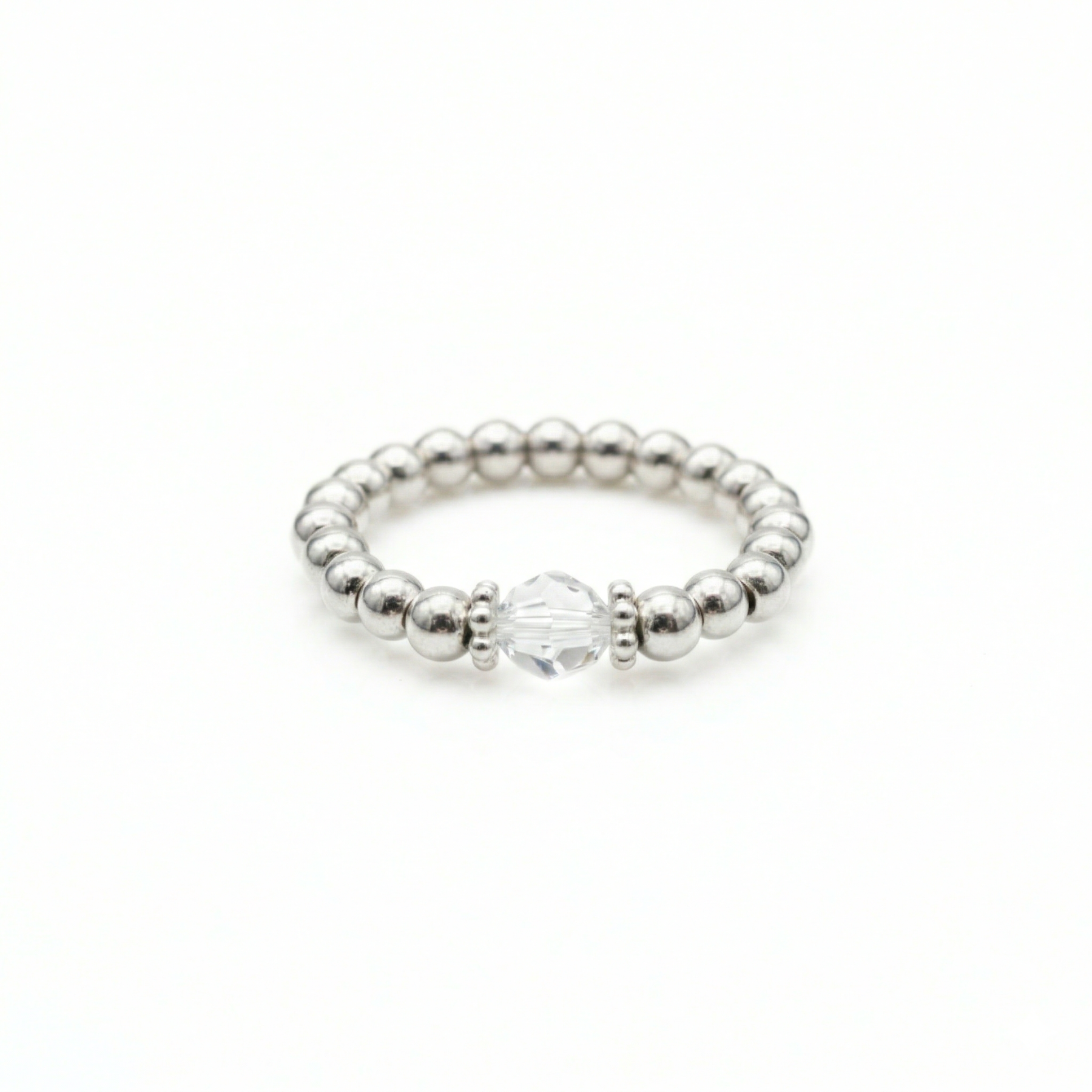 Sterling silver and crystal stretch bead ring, everyday stacking ring UK