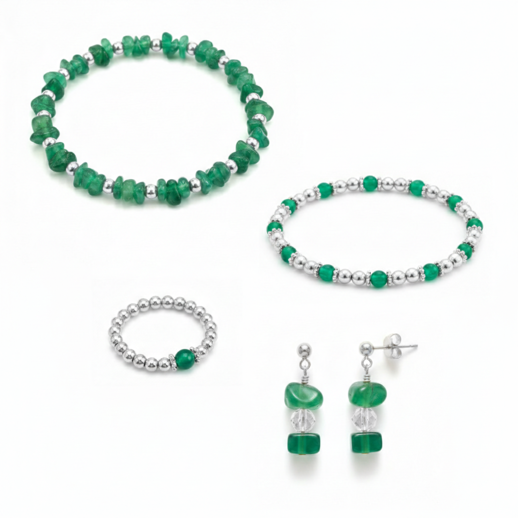 Sterling silver and green gemstone birthstone jewellery set with matching bracelet and earrings, meaningful gift for her.