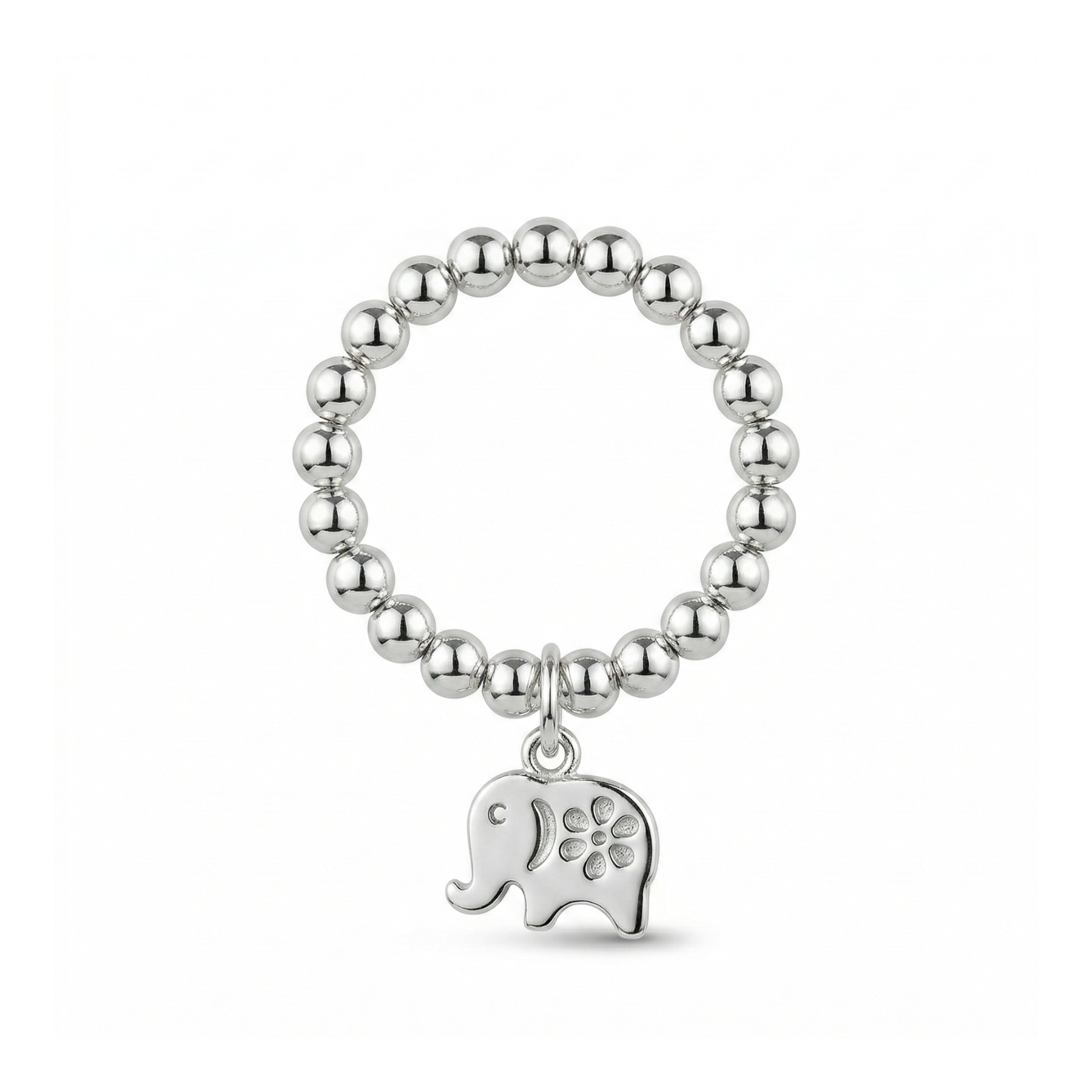 Sterling silver elephant charm ring with stretch bead design, animal jewellery UK