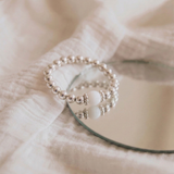 White gemstone bead ring in sterling silver, stretchy stacking ring for everyday wear UK