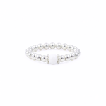 White agate bead ring in sterling silver, stretch gemstone stacking ring UK