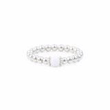 White agate bead ring in sterling silver, stretch gemstone stacking ring UK